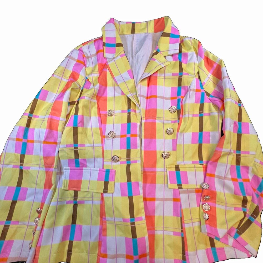 Vibrant Multicolor Plaid Double Breasted Blazer Gold Buttons XL